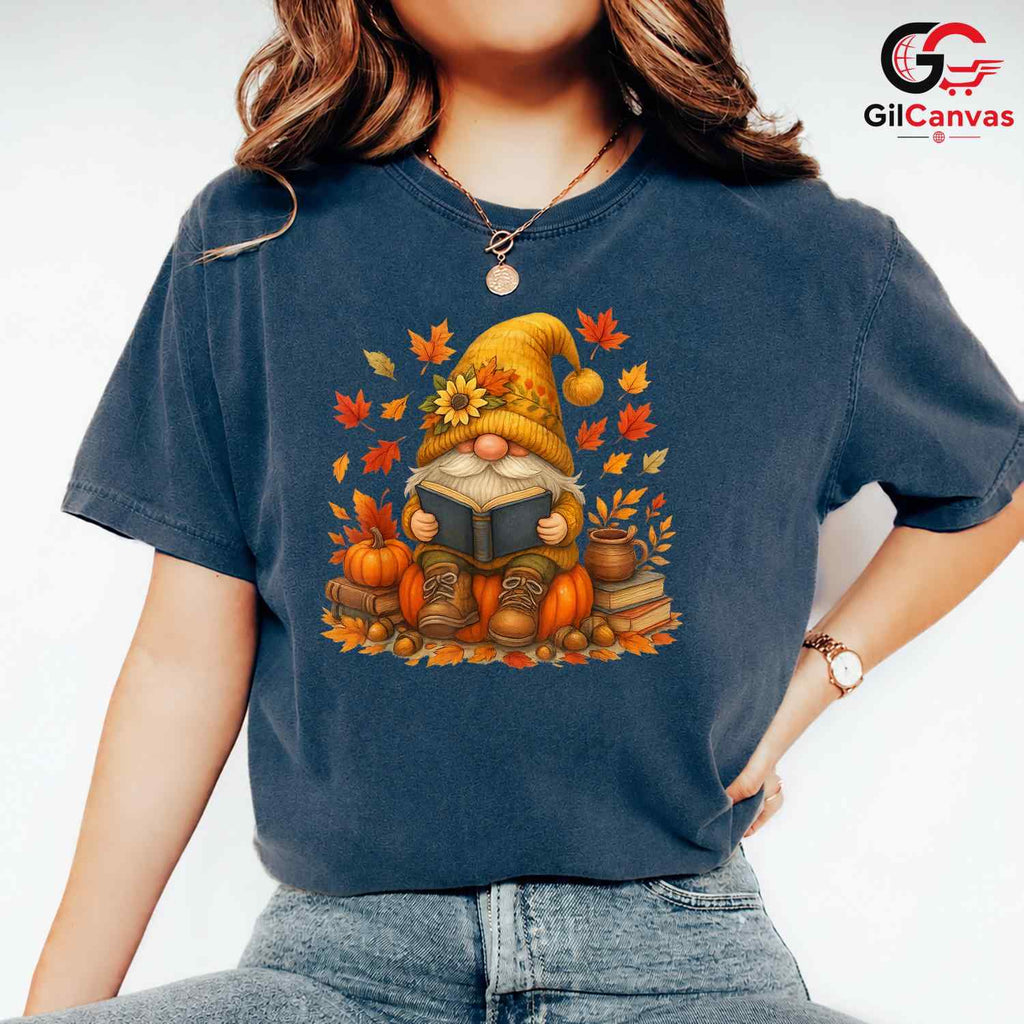 Fall Reading Gnome T-Shirt Unisex Cute Autumn Book Lover Enthusiast Gift