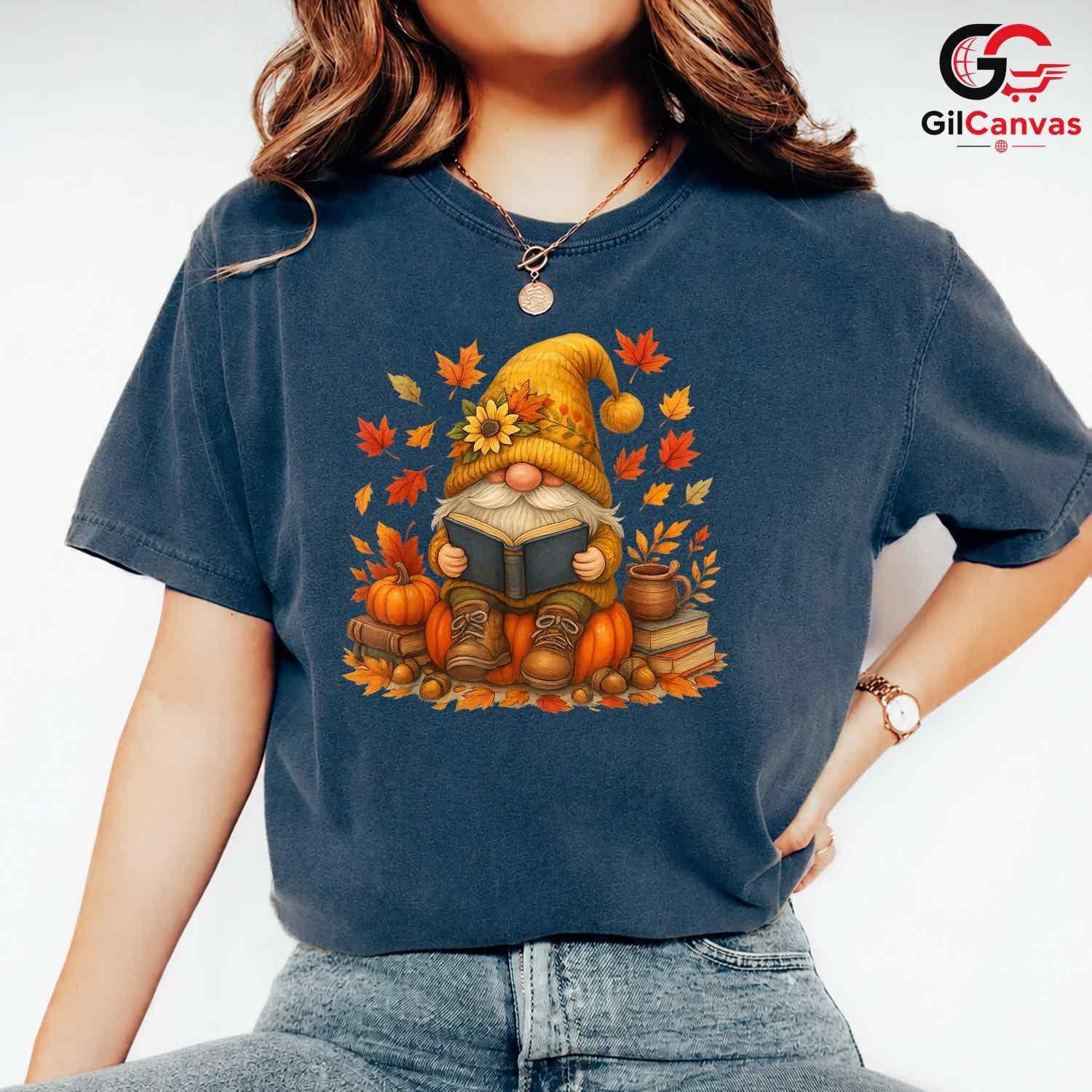 Fall Reading Gnome T-Shirt Unisex Cute Autumn Book Lover Enthusiast Gift