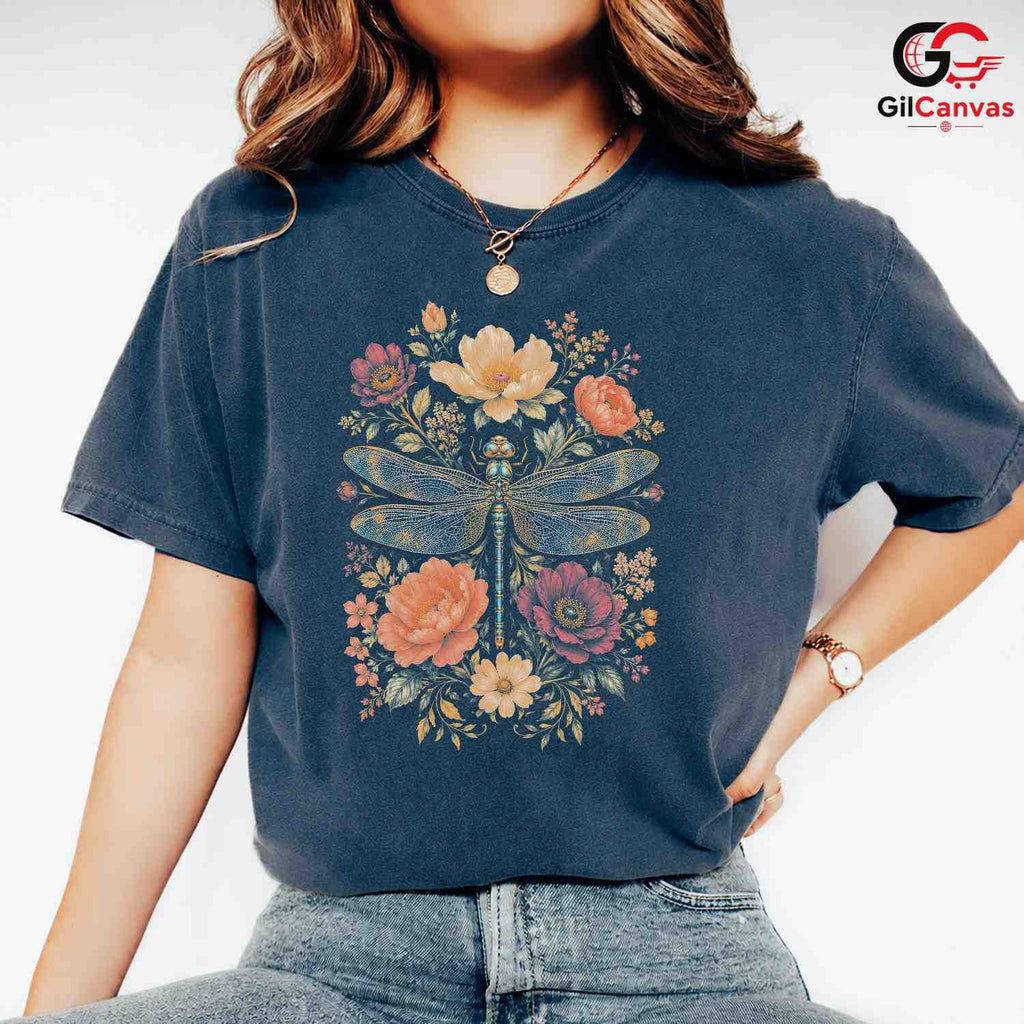 Floral Dragonfly T-Shirt Spring Fashion Garden Party Eco Friendly Women Tee