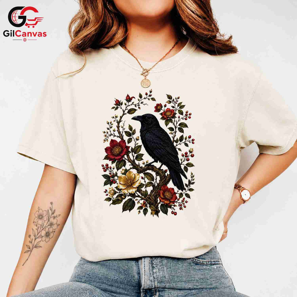 Floral Raven Art Halloween Tee Men Women Spooky Bird Design Nature Graphic Shirt