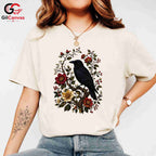 Floral Raven Art Halloween Tee Men Women Spooky Bird Design Nature Graphic Shirt