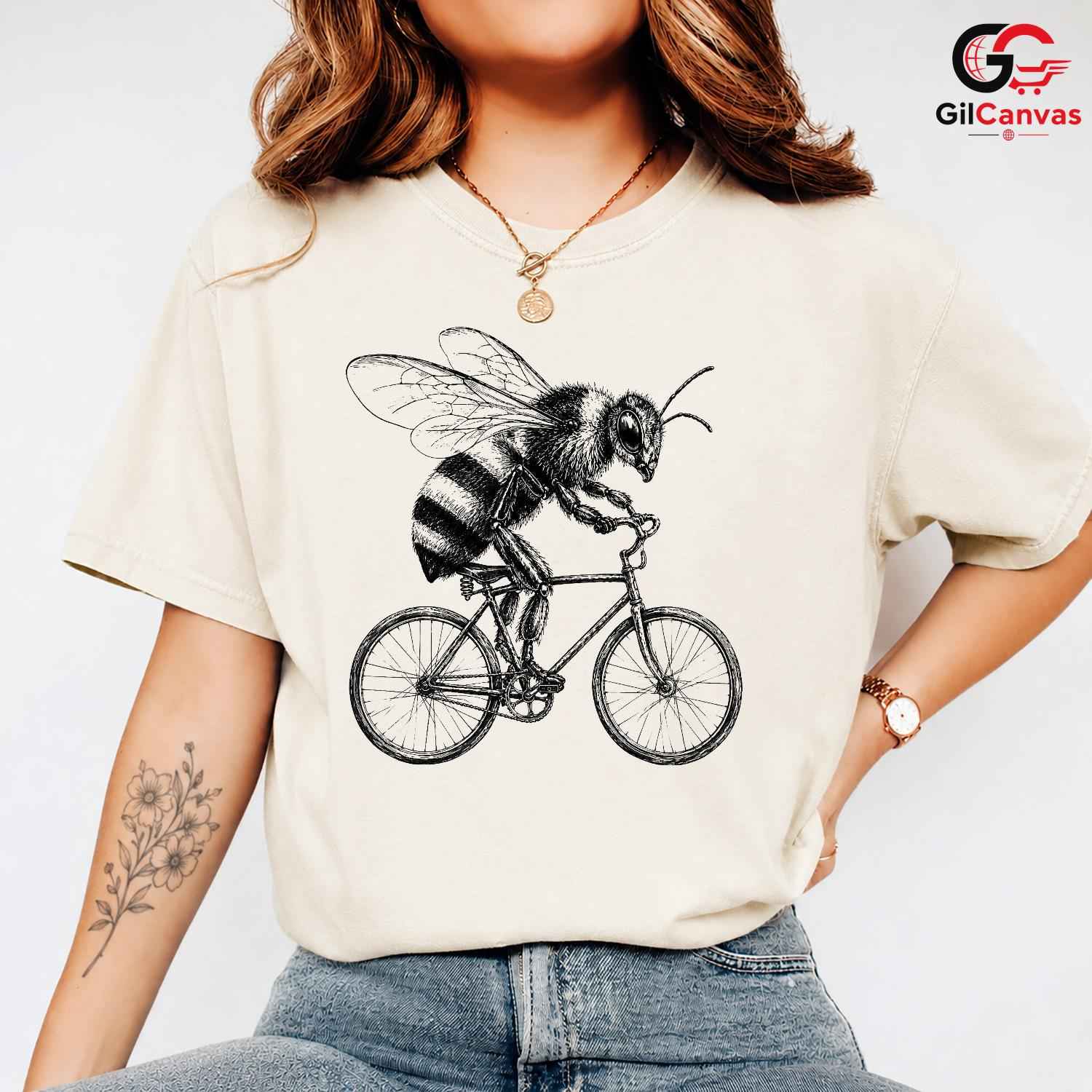 Funny Bee Bicycle T-Shirt Honeybee Cyclist Spring Unisex Insect Nature Ride Tee