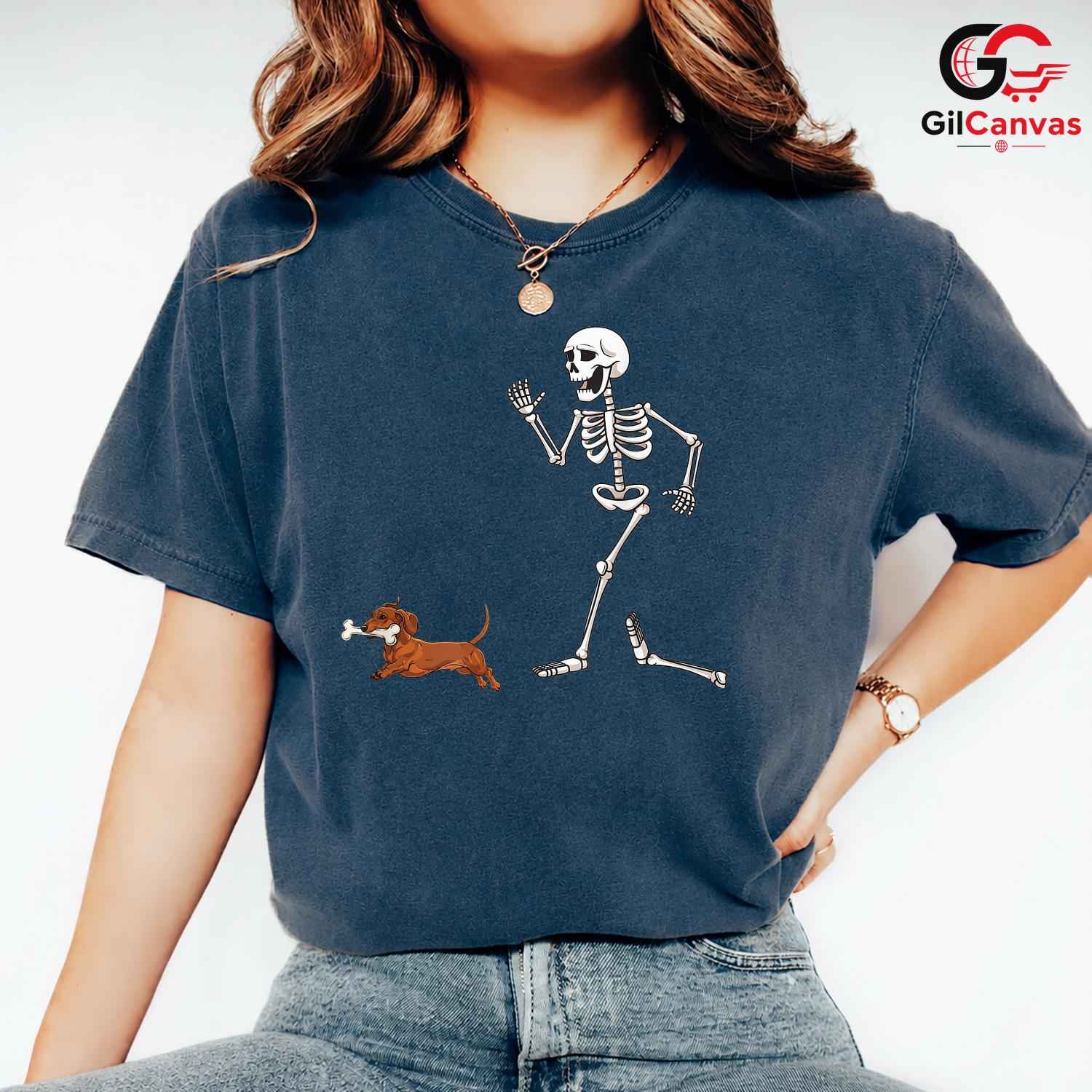 Funny Skeleton Dog Run Tee Shirt Unisex Spooky Halloween Pet Lover Gift Adults