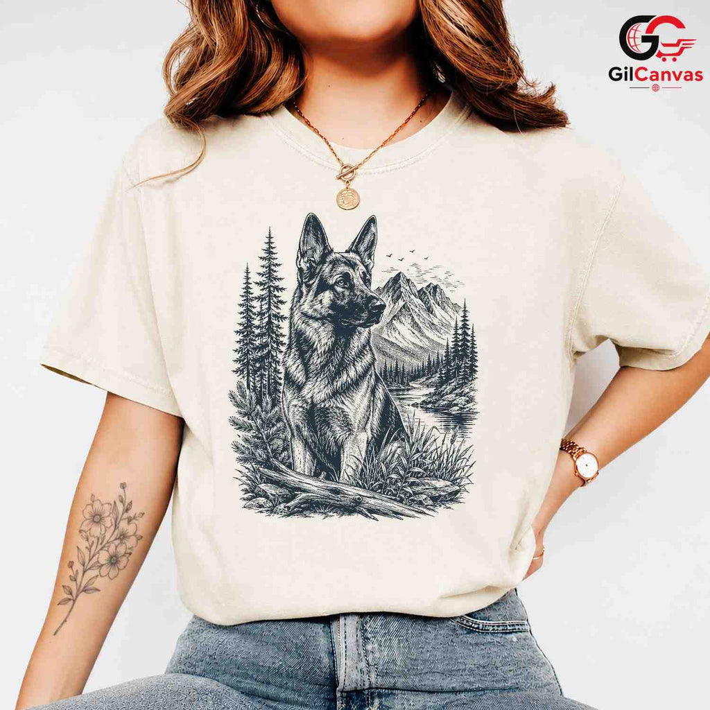 German Shepherd River T-Shirt Forest Nature Dog Lover Unisex Mountain Apparel Tee