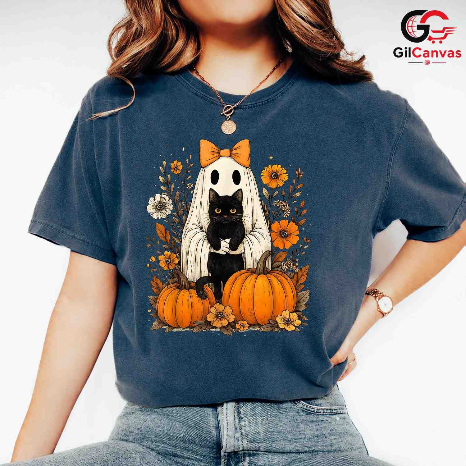 Ghost Black Cat Halloween T-Shirt Unisex Spooky Fall Event Gift Kids Adults