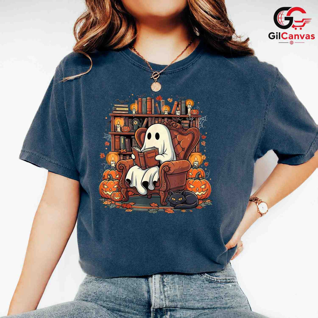 Ghost Reading Halloween Tee Shirt Unisex Spooky Book Lover Event Gift For Kids