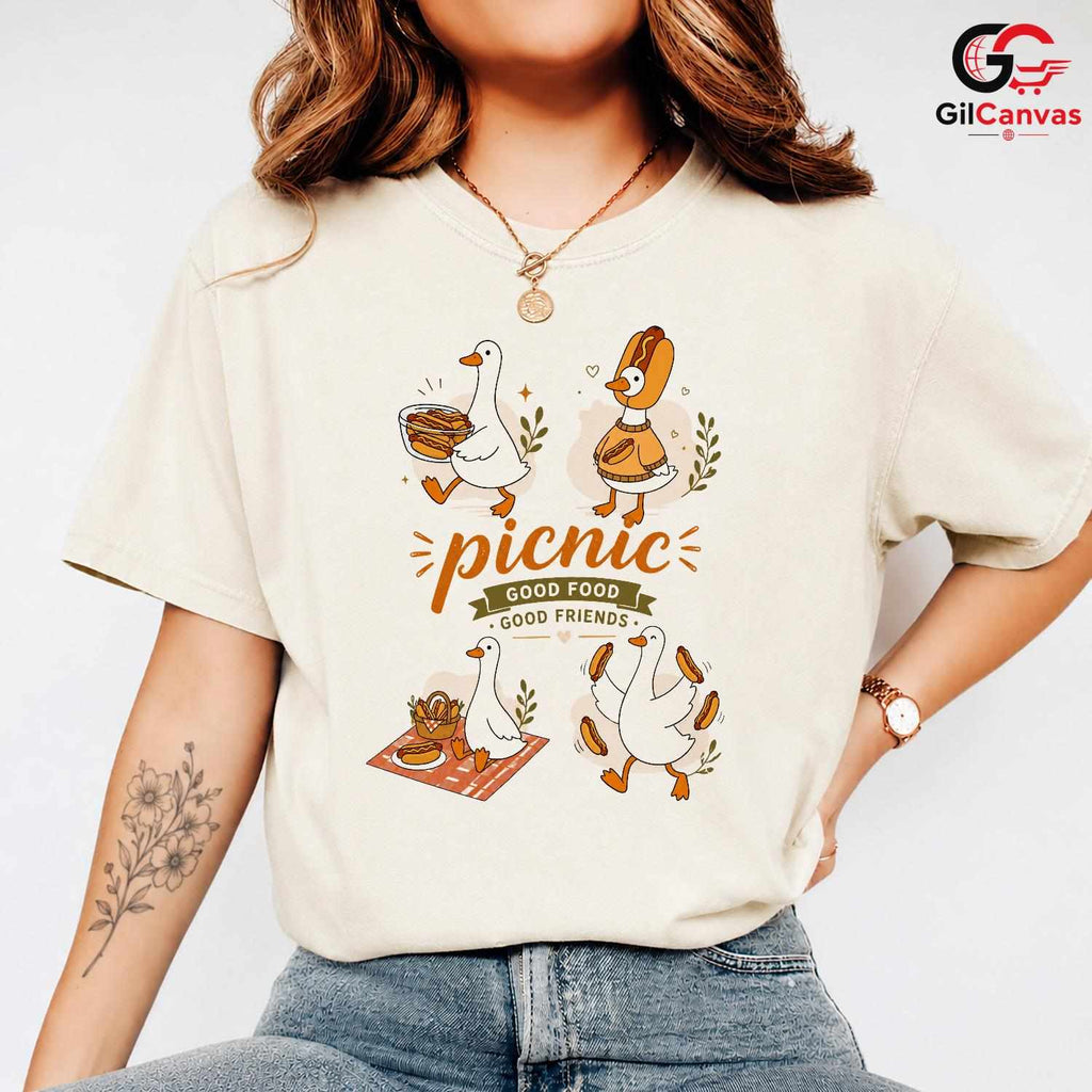 Good Food Friends Picnic T-Shirt Cute Duck Graphic Unisex Casual Apparel