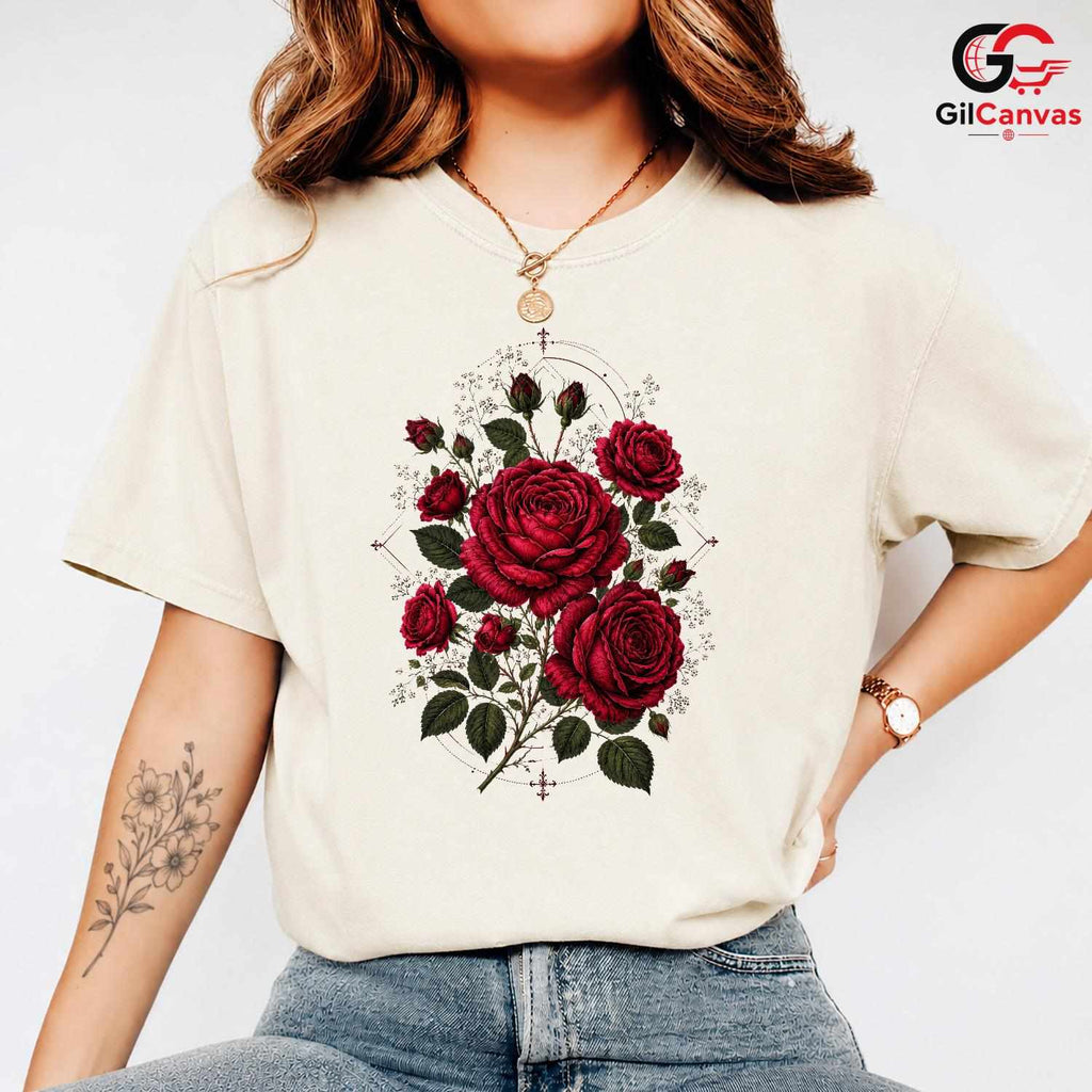 Gothic Red Rose Botanical T-Shirt Aesthetic Floral Art Unisex Graphic Apparel