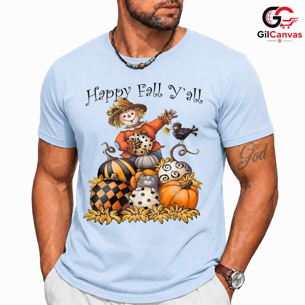 Happy Fall Yall Scarecrow Tee Unisex Cute Autumn Pumpkin Gift Kids Youth