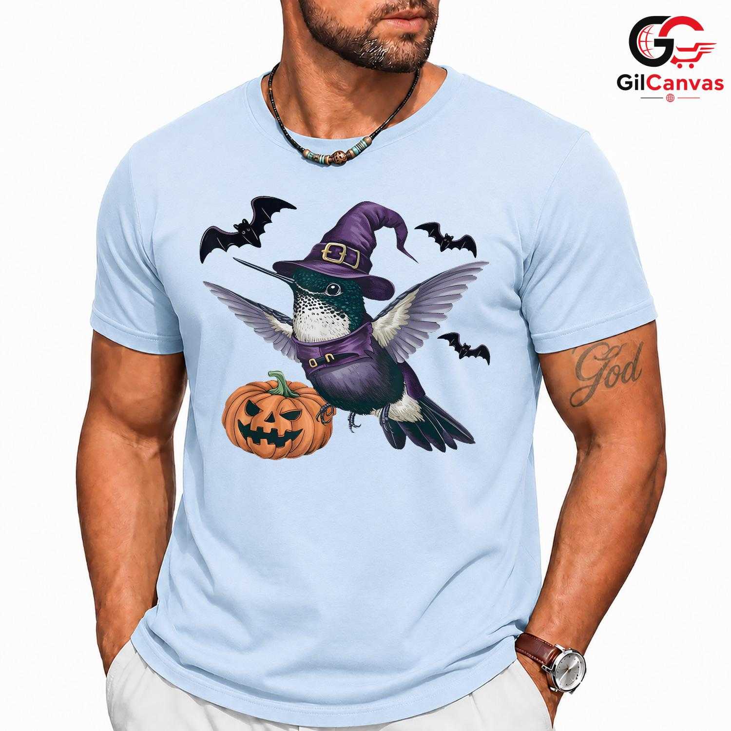 Hummingbird Witch Pumpkin T-Shirt Unisex Cute Spooky Animal Gift For Kids