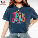 Jesus Loves You Graphic Tee Colorful Christmas Inspirational Unisex Apparel