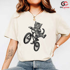 Kitten BMX Bike Rider T-Shirt Happy Tabby Cat Unisex Pet Lover Casual Gift Tee