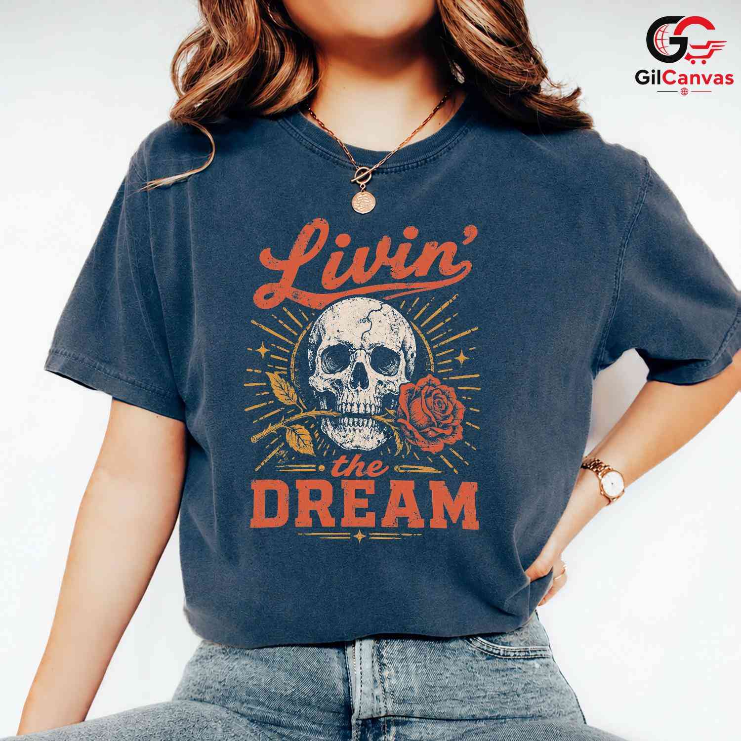 Living The Dream Skull Tee Gothic Style Halloween Casual Wear Unisex Apparel