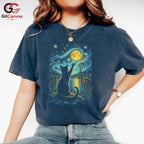 Night Sky Cat Graphic T-Shirt Moon Stars Design Perfect Gift Women Men Shirt