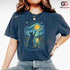 Night Sky Cat Graphic T-Shirt Moon Stars Design Perfect Gift Women Men Shirt
