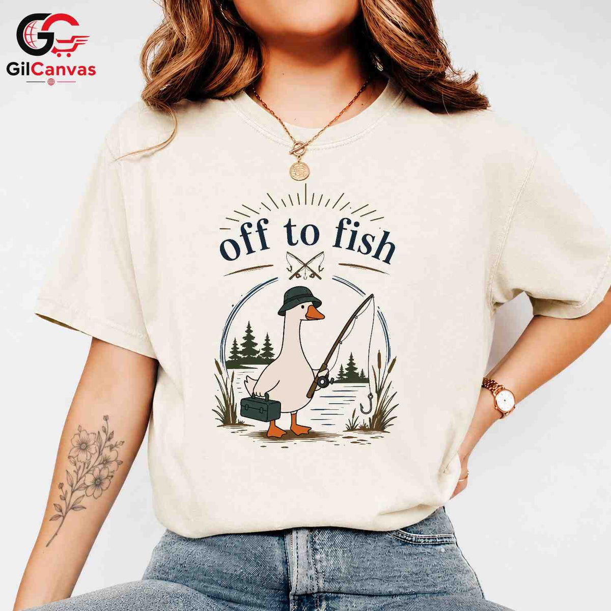 Off To Fish Cartoon Duck T-Shirt Angler Enthusiast Unisex Casual Apparel