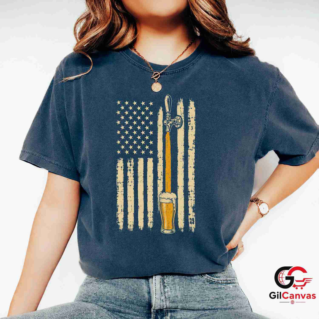 Patriotic Beer Drinking Flag T-Shirt Independence Day Unisex Graphic Apparel Tee