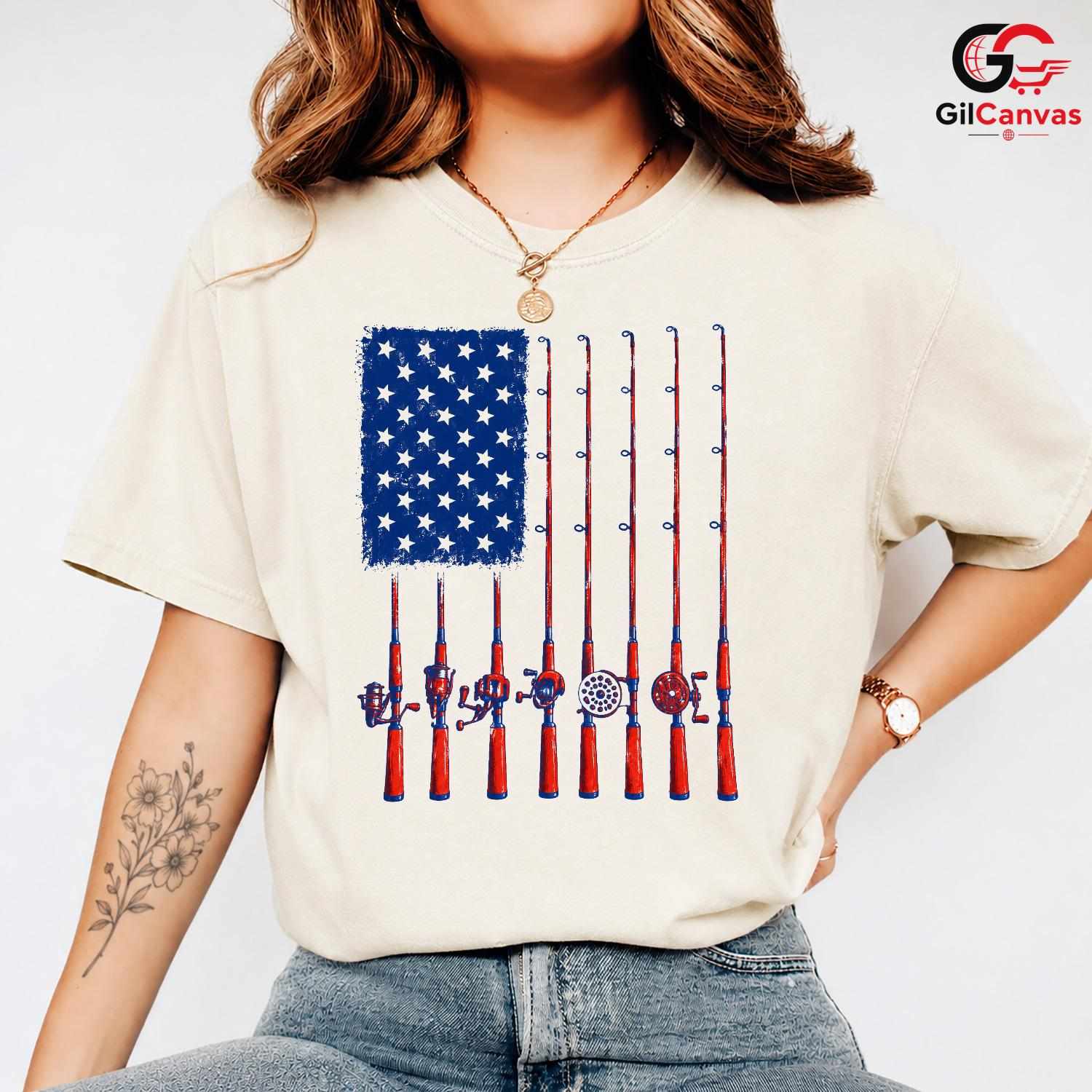 Patriotic Fishing Rod Flag T-Shirt Fourth Of July Angler Unisex Graphic Apparel