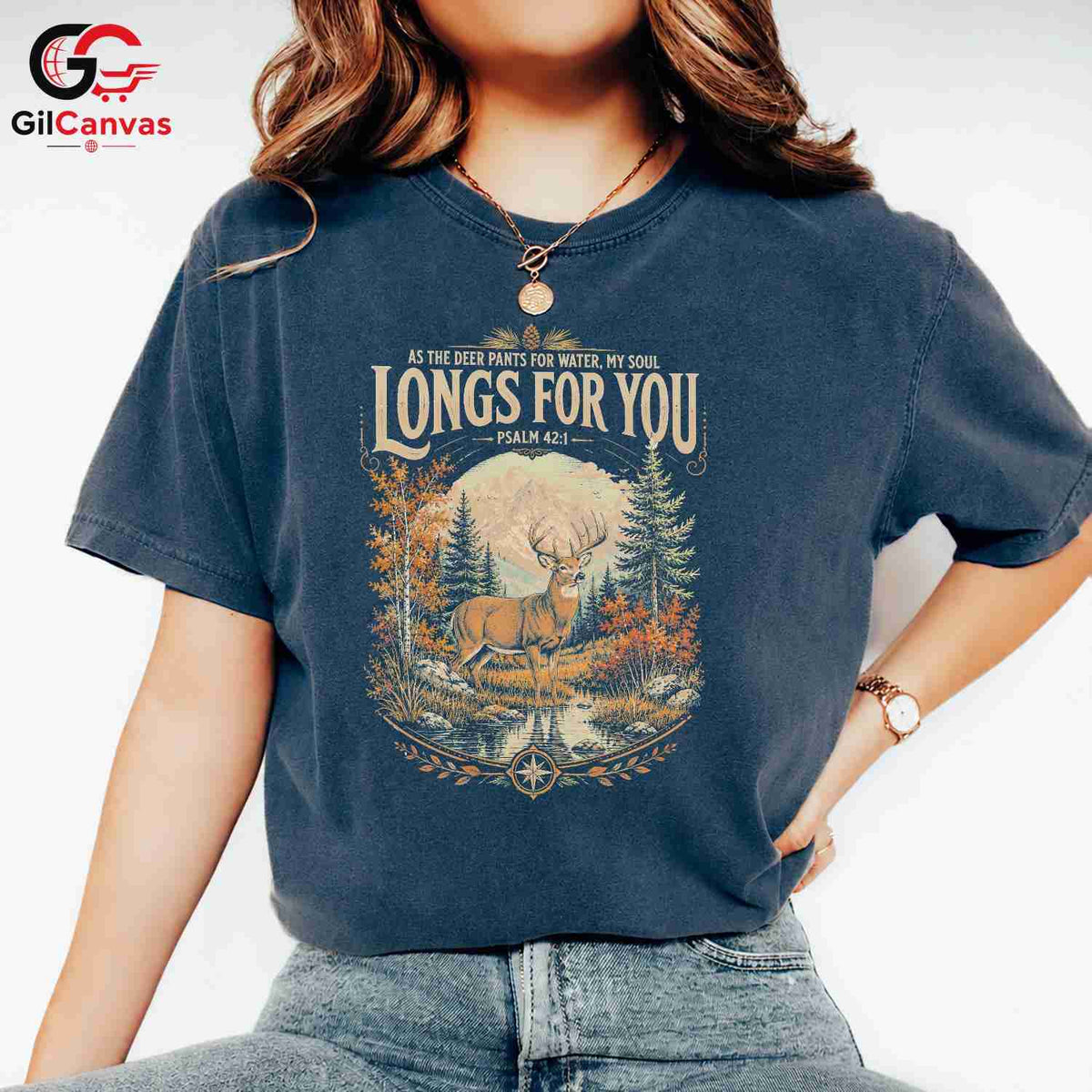 Psalm 42 Deer Graphic T-Shirt Boho Style Nature Lover Custom Unisex Apparel