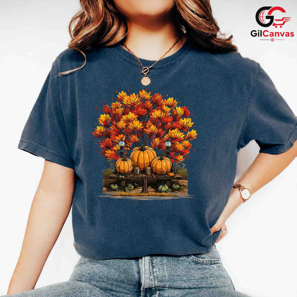 Pumpkin Fall Leaves T-Shirt Unisex Spooky Halloween Celebration Gift Kids