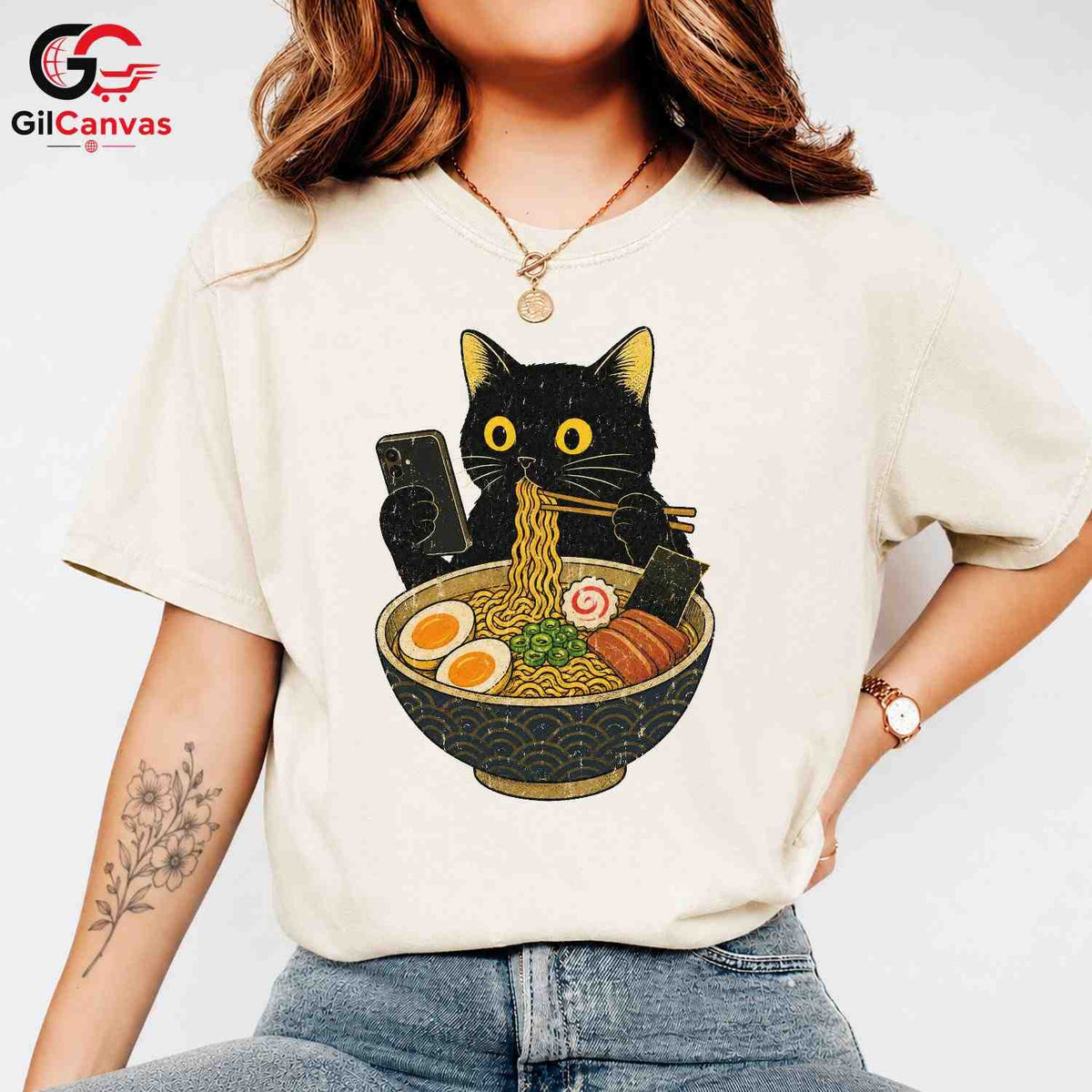 Ramen Eating Cat T-Shirt Cute Custom Design Feline Lover Gift Unisex Apparel