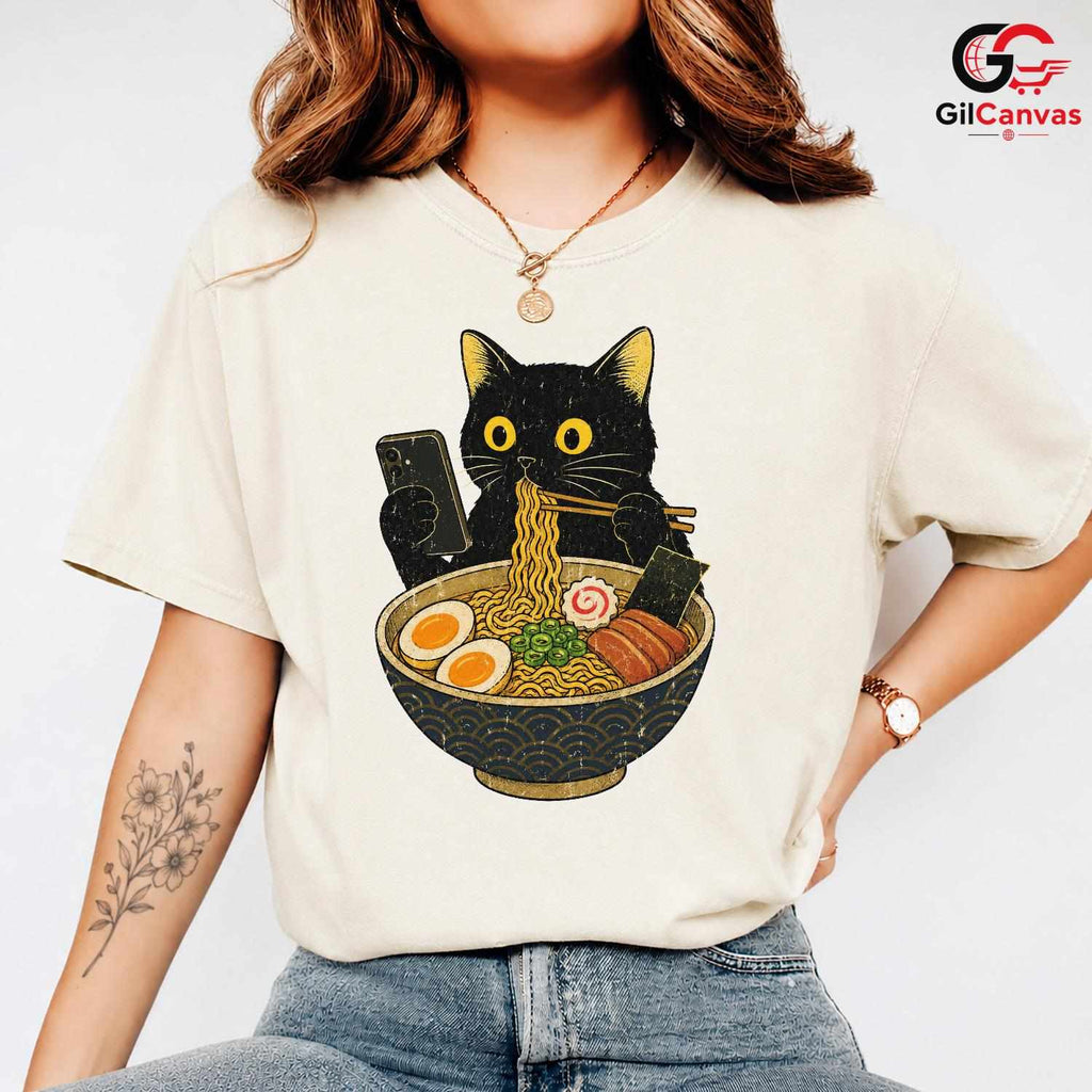 Ramen Eating Cat T-Shirt Cute Custom Design Feline Lover Gift Unisex Apparel