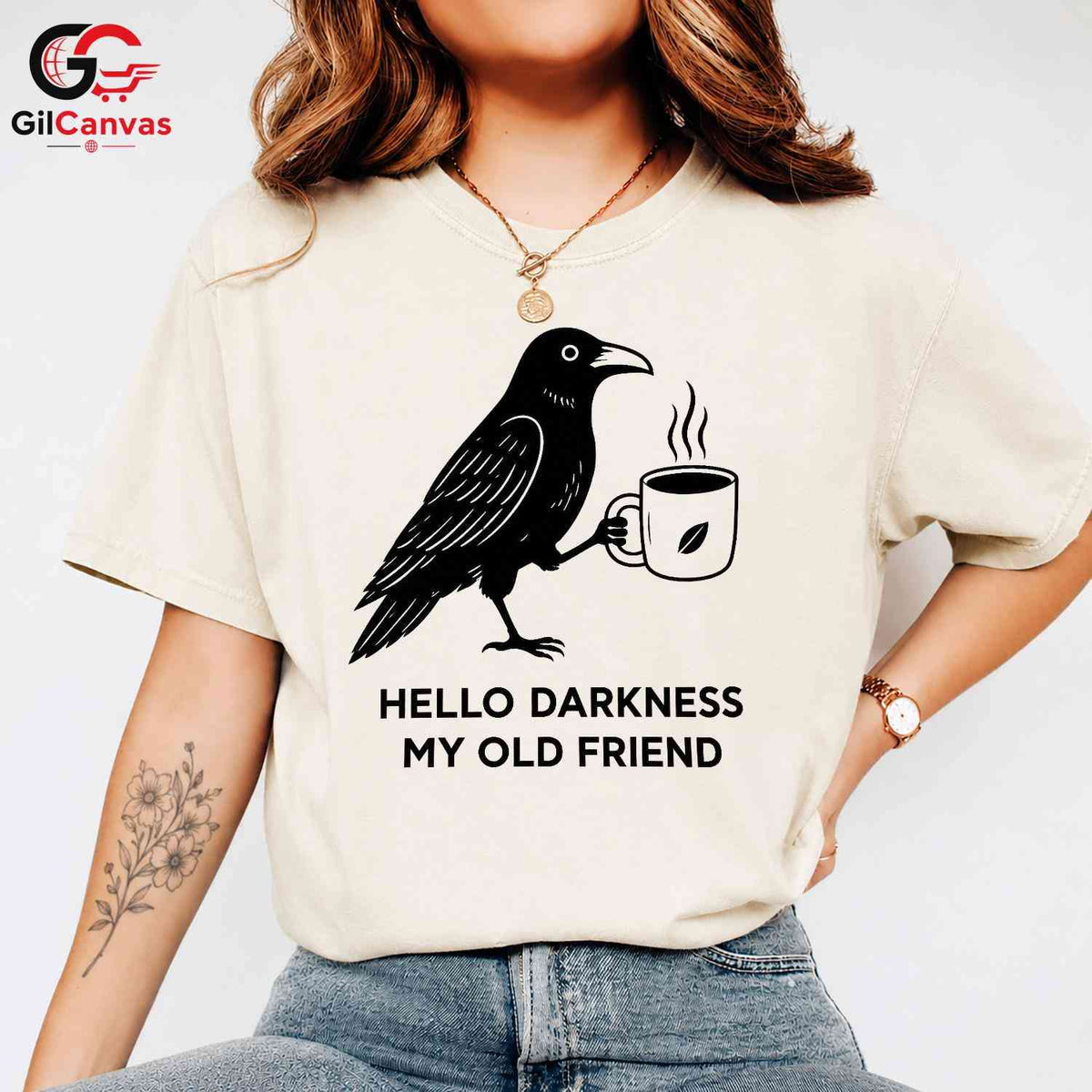Raven Coffee Lover T-Shirt Hello Darkness Black Graphic Tee Men Women Gift