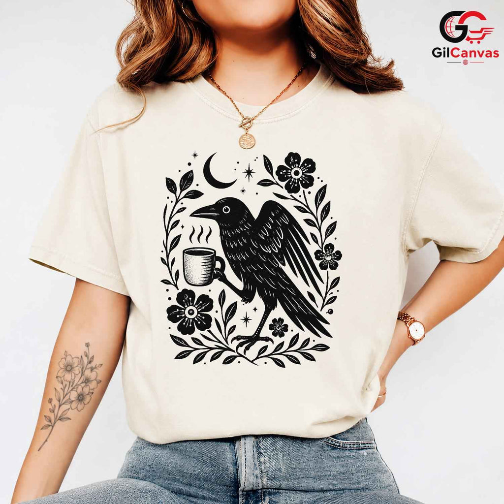 Raven Drinking Coffee T-Shirt Men Women Halloween Stylish Graphic Custom Shirt