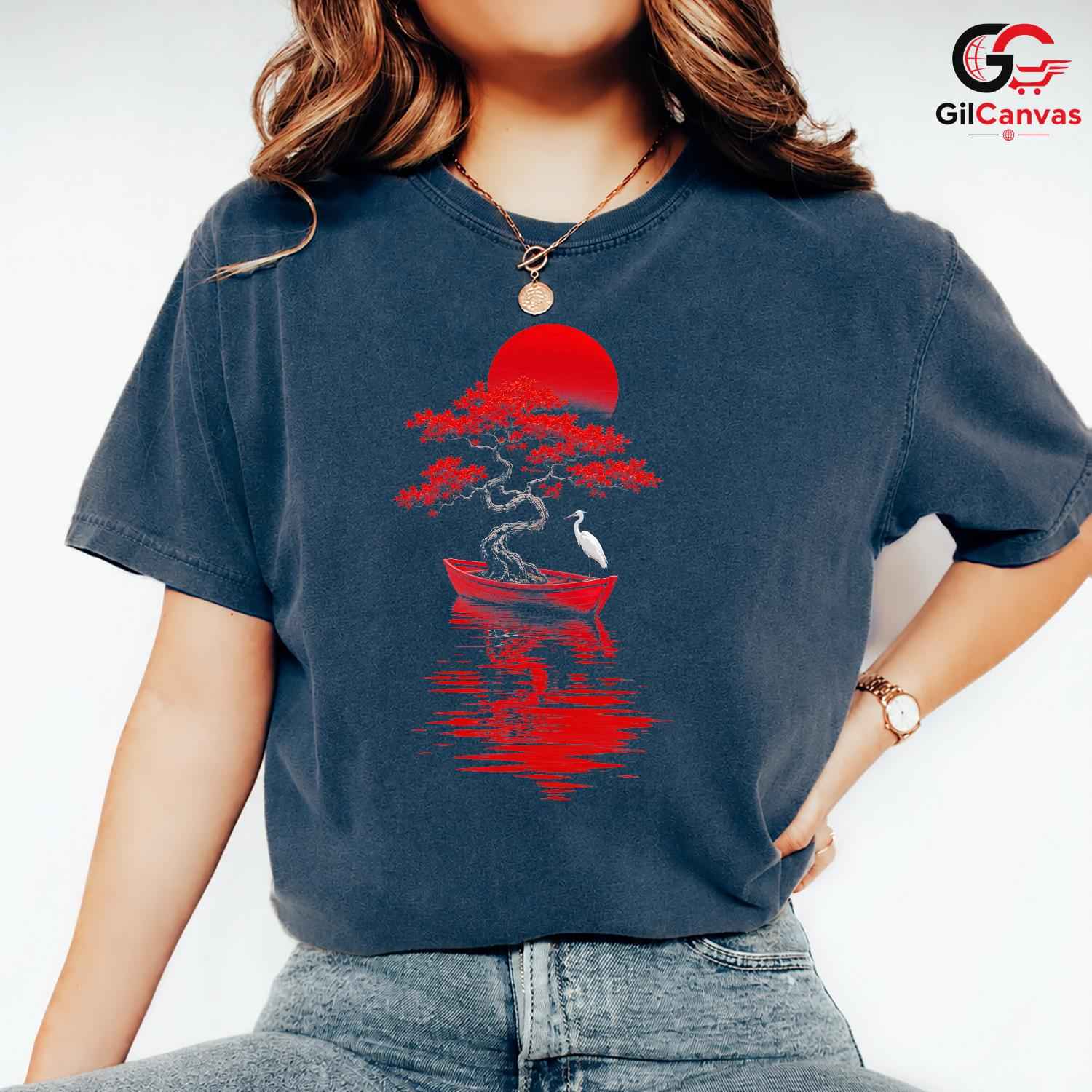 Red Sun Bonsai Tree T-Shirt Asian Art Nature Lover Unisex Graphic Apparel