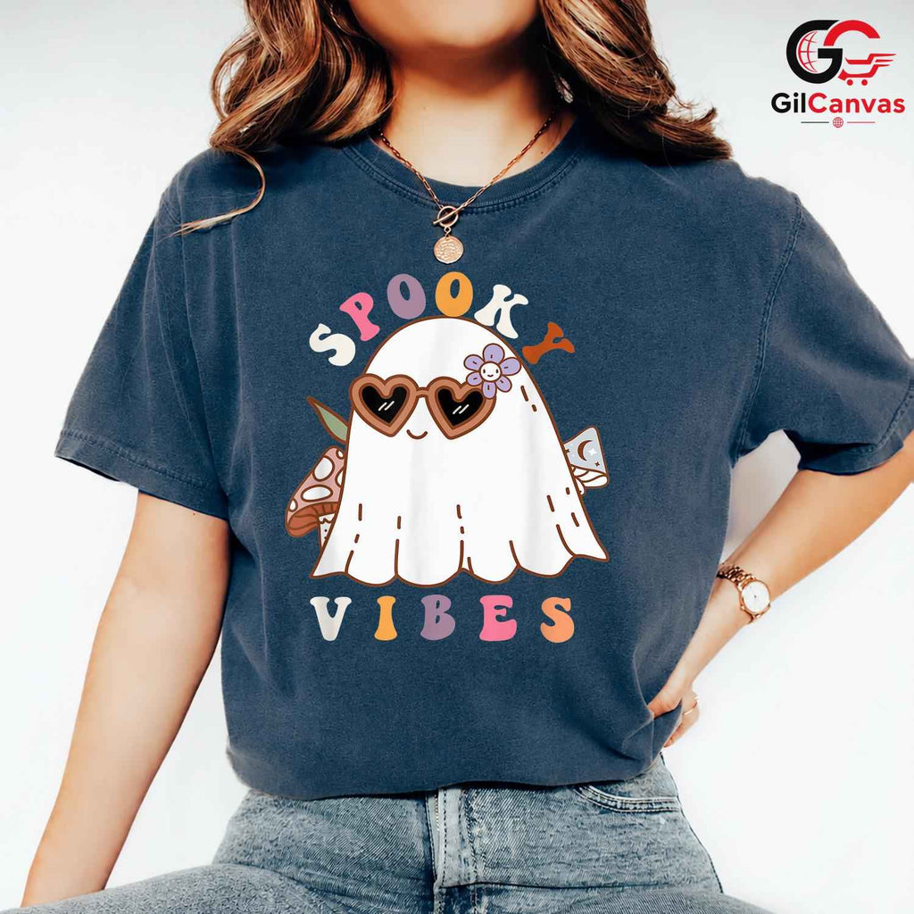 Retro Ghost Spooky Vibes Tee Shirt Unisex Cute Fall Party Costume For Women