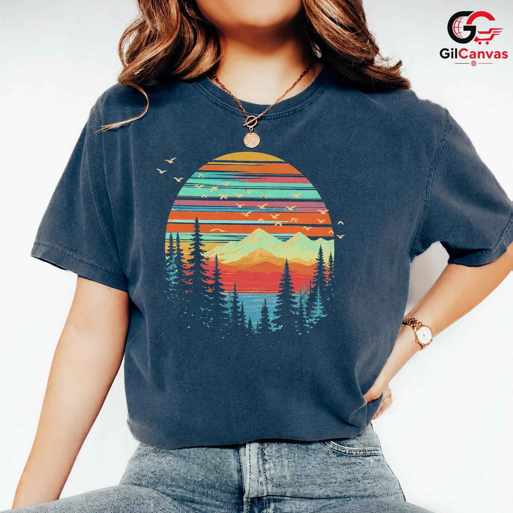 Retro Mountain Lake T-Shirt Sunset Nature Hiking Unisex Outdoor Camping Apparel