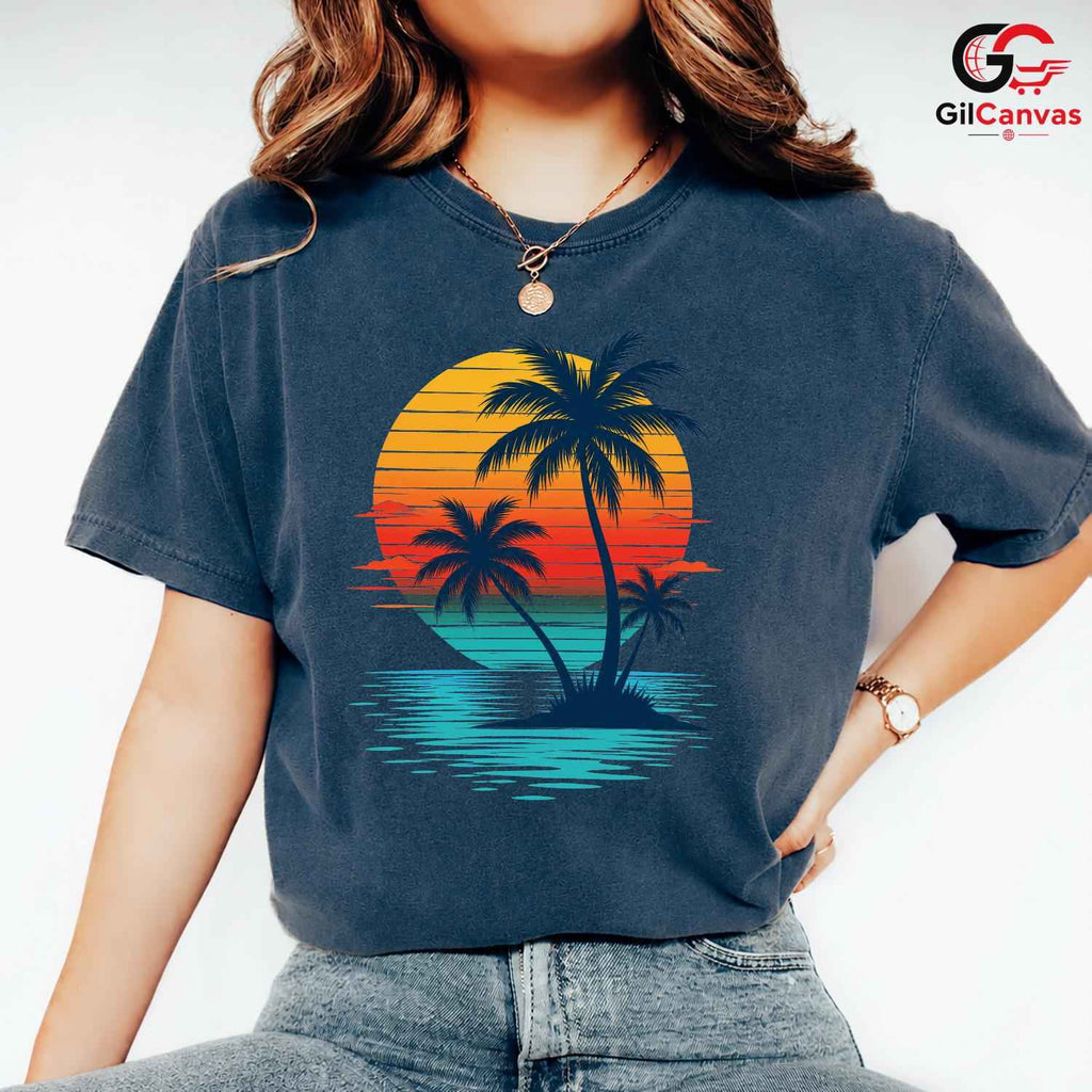 Retro Sunset Palm Tree T-Shirt Island Beach Vacation Unisex Ocean Holiday Tee