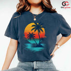 Retro Sunset Palm Tree T-Shirt Island Beach Vacation Unisex Ocean Holiday Tee