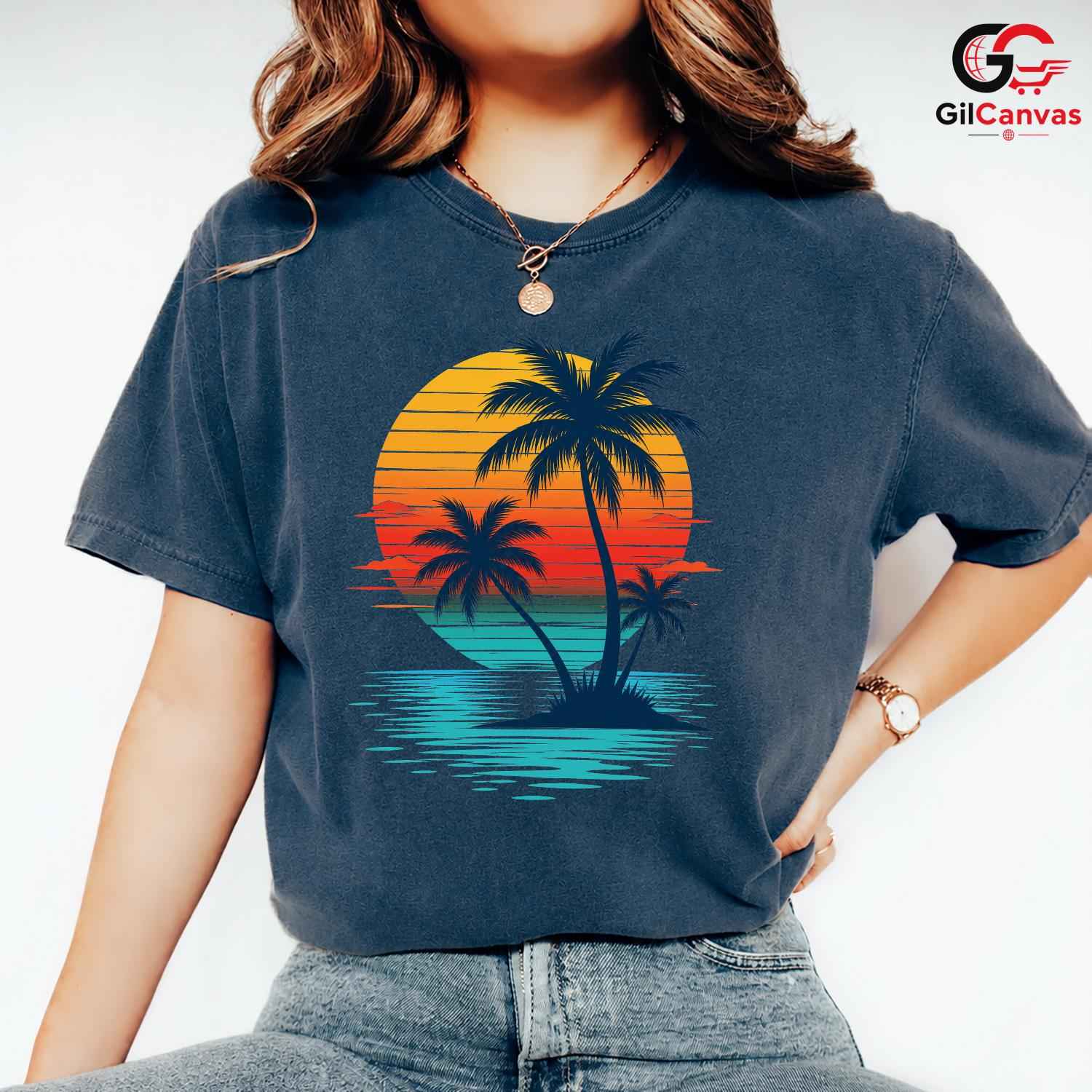 Retro Sunset Palm Tree T-Shirt Island Beach Vacation Unisex Ocean Holiday Tee