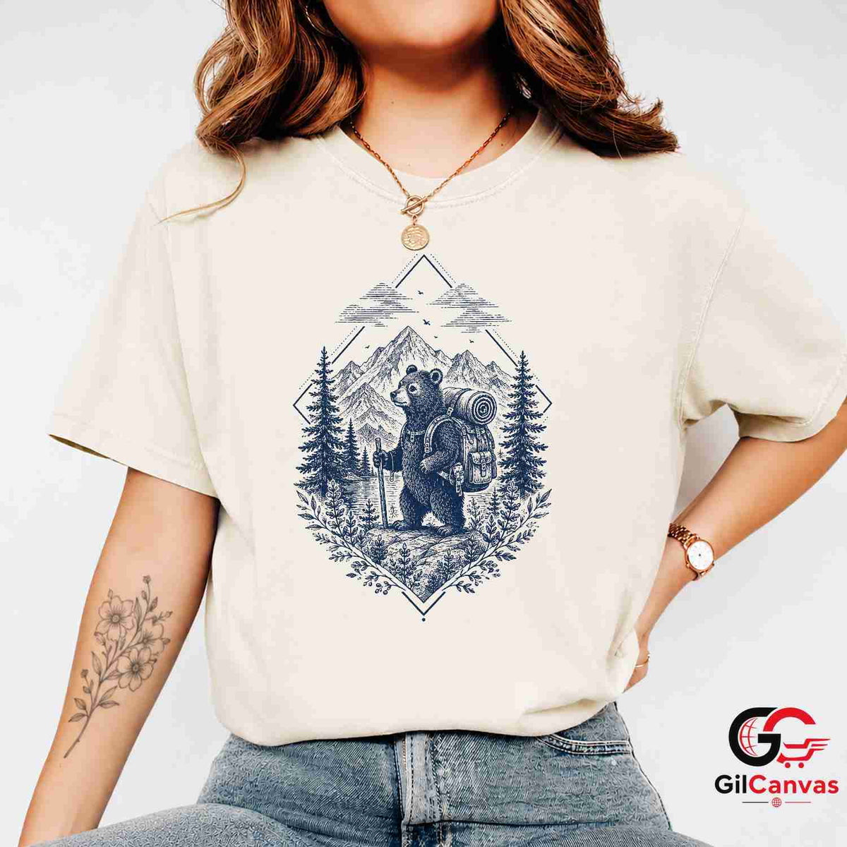 Rustic Bear Hiking Adventure T-Shirt Mountain Forest Art Unisex Graphic Apparel