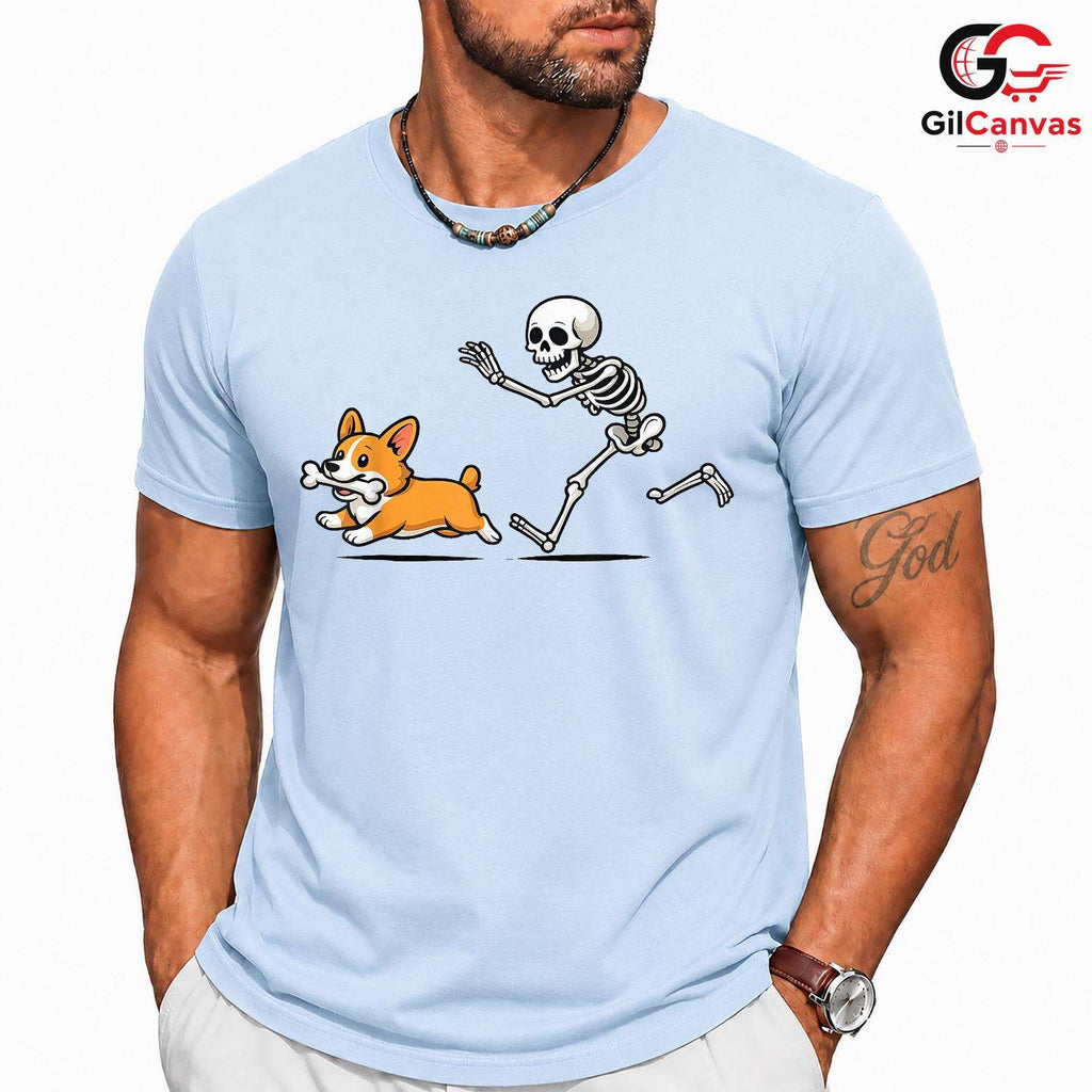 Skeleton Chasing Corgi Dog T-Shirt Unisex Funny Spooky Pet Owner Bone Gift