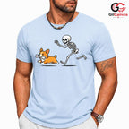 Skeleton Chasing Corgi Dog T-Shirt Unisex Funny Spooky Pet Owner Bone Gift