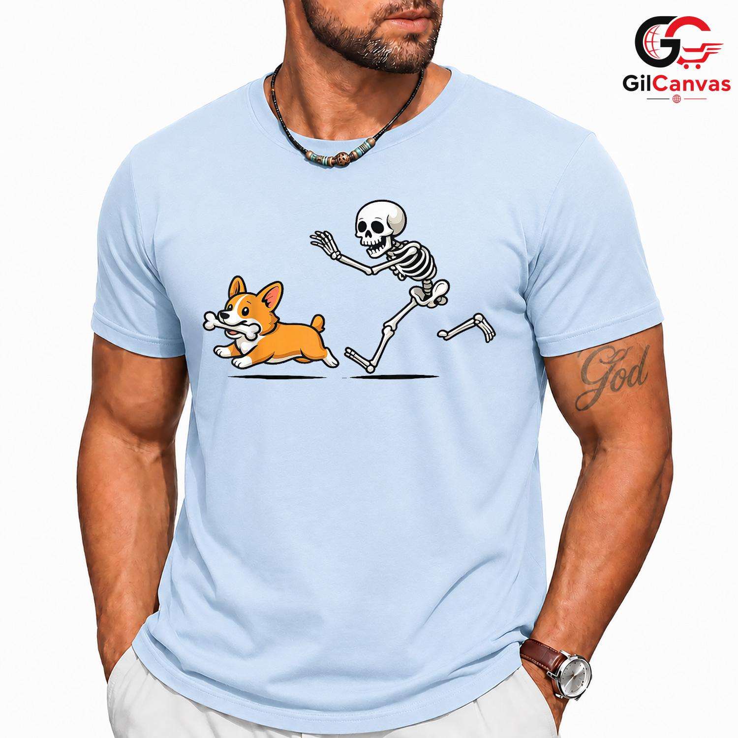 Skeleton Chasing Corgi Dog T-Shirt Unisex Funny Spooky Pet Owner Bone Gift