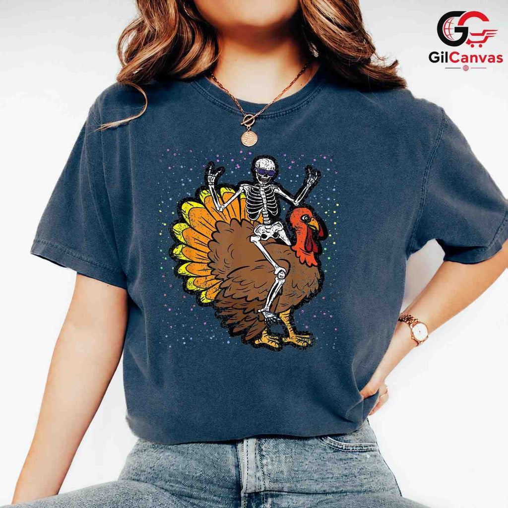 Skeleton Riding Turkey T-Shirt Unisex Funny Thanksgiving Holiday Gift Adult