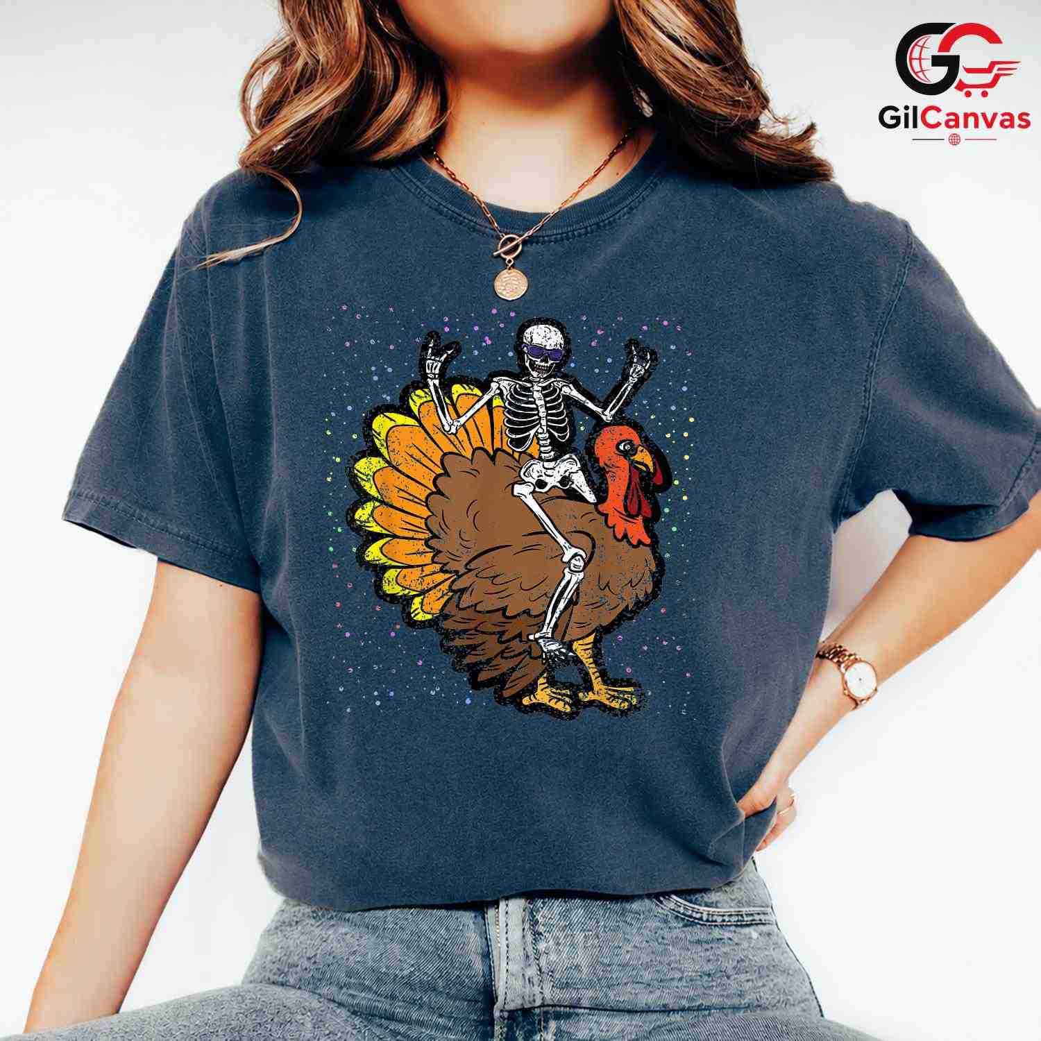 Skeleton Riding Turkey T-Shirt Unisex Funny Thanksgiving Holiday Gift Adult