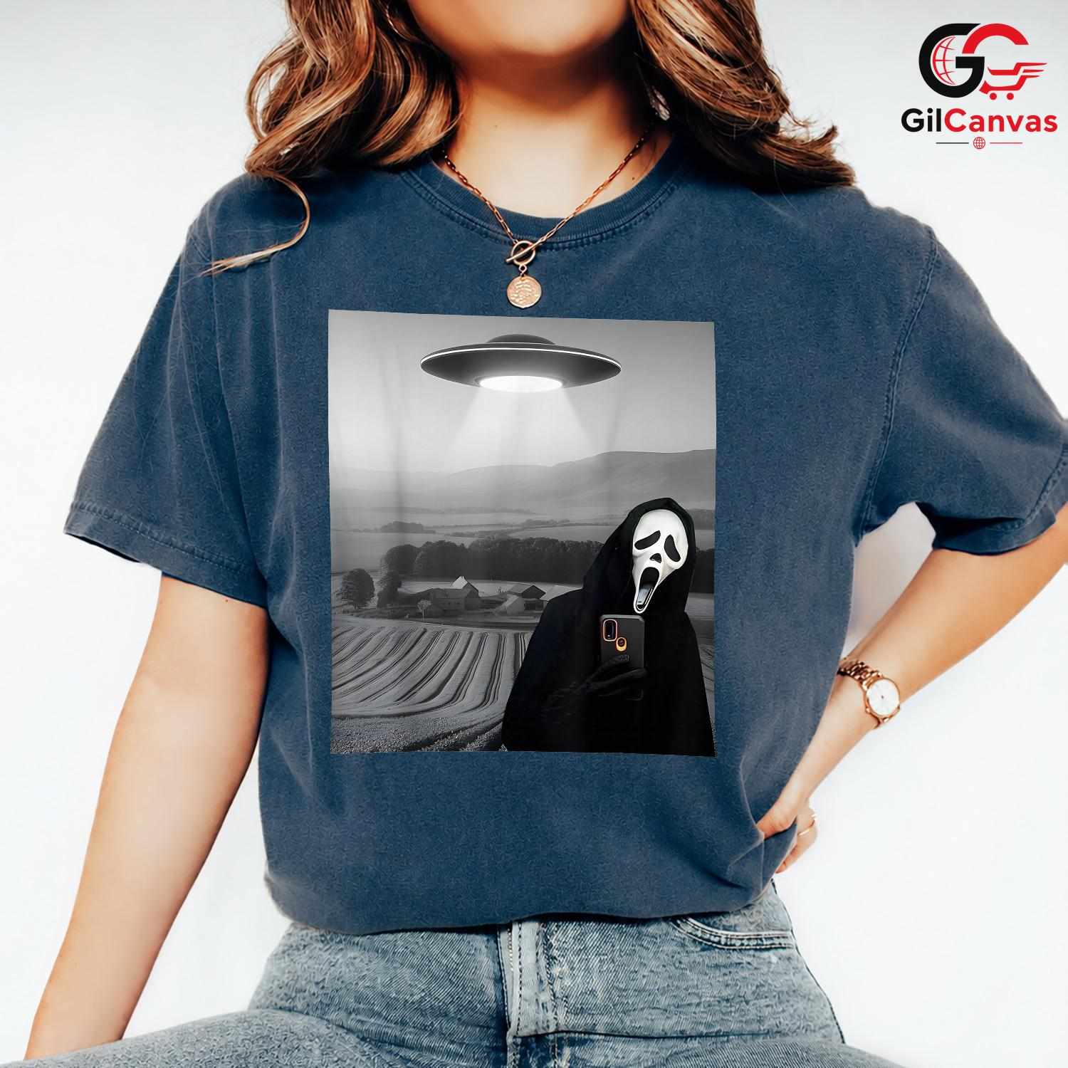 Slasher Movie Mask Alien Tee Shirt Unisex Funny Spooky Horror Abduction Gift