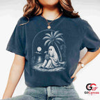 Spooky Beach Vacation Ghost T-Shirt Tropical Halloween Unisex Graphic Apparel Tee