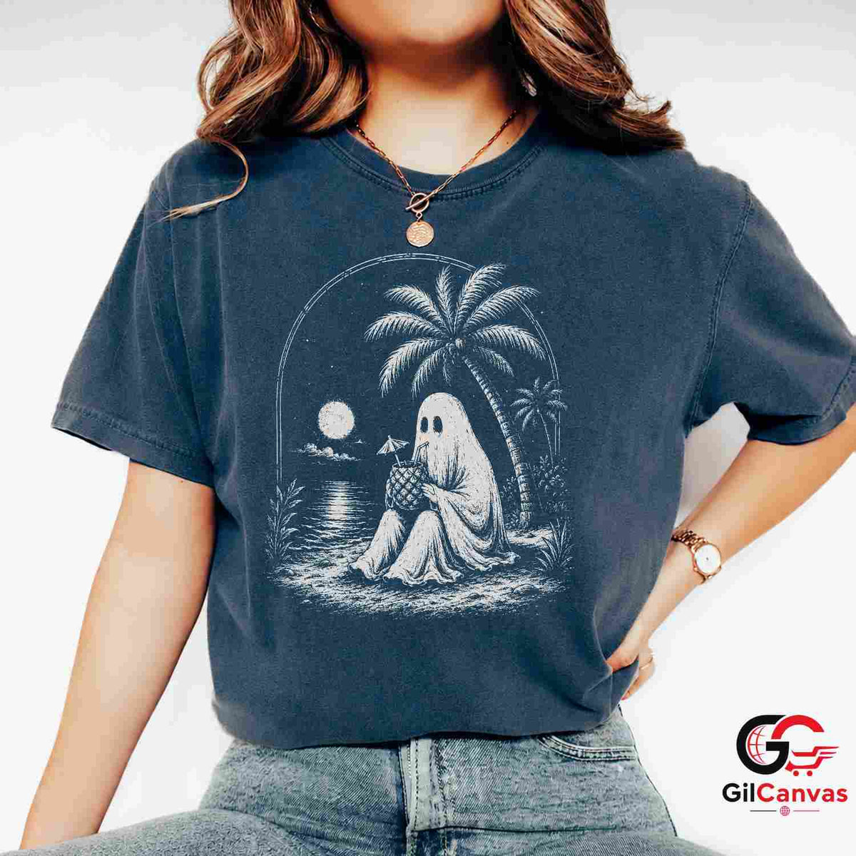 Spooky Beach Vacation Ghost T-Shirt Tropical Halloween Unisex Graphic Apparel Tee