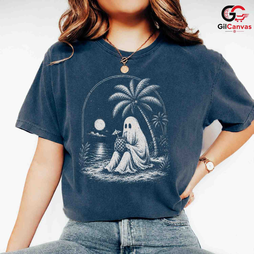Spooky Beach Vacation Ghost T-Shirt Tropical Halloween Unisex Graphic Apparel Tee