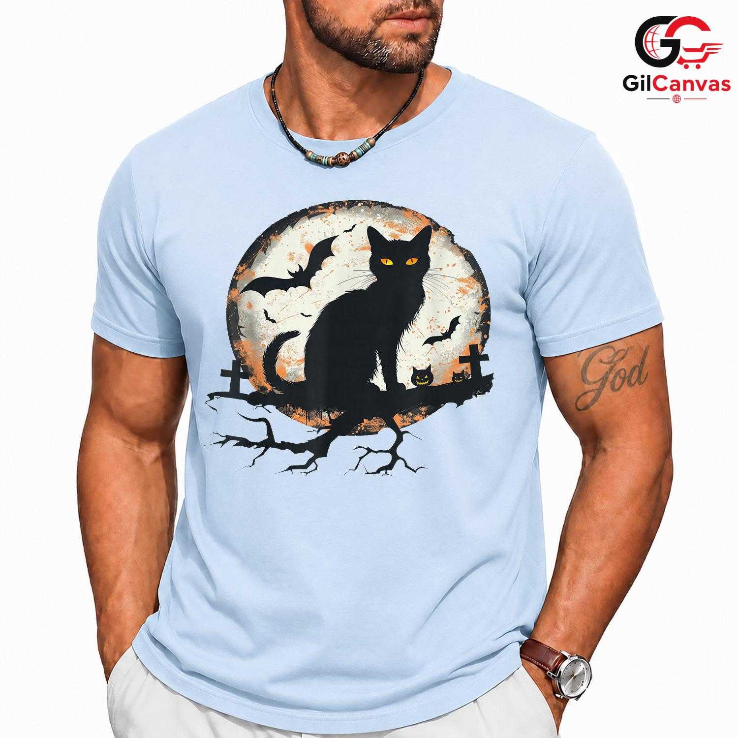 Spooky Black Cat Silhouette T-Shirt Unisex Full Moon Bat Event Gift For Kids
