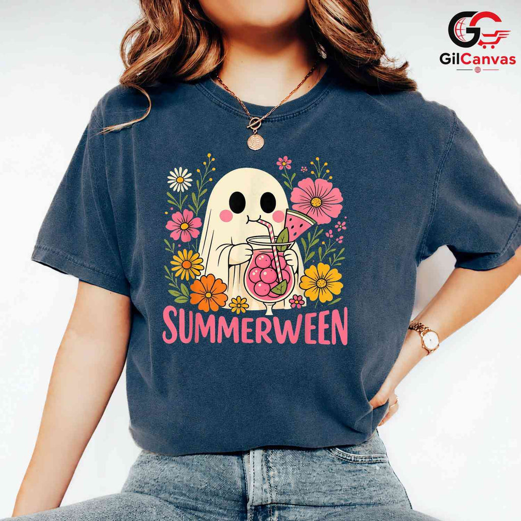 Summerween Floral Ghost Tee Shirt Unisex Funny Spooky Summer Gift For Women
