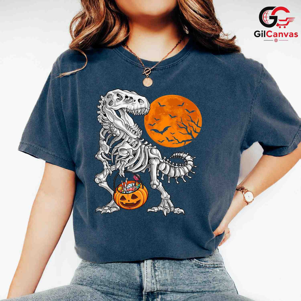 T-Rex Skeleton Pumpkin Tee Shirt Unisex Fun Spooky Halloween Gift Kids Adults