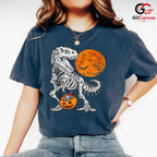 T-Rex Skeleton Pumpkin Tee Shirt Unisex Fun Spooky Halloween Gift Kids Adults