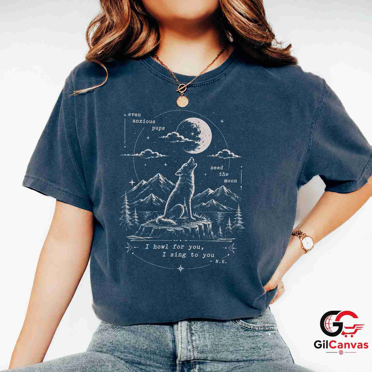 Wolf Howling Full Moon T-Shirt Celestial Wildlife Aesthetic Unisex Graphic Apparel