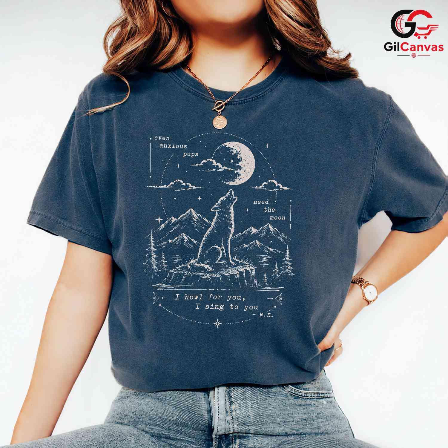Wolf Howling Full Moon T-Shirt Celestial Wildlife Aesthetic Unisex Graphic Apparel
